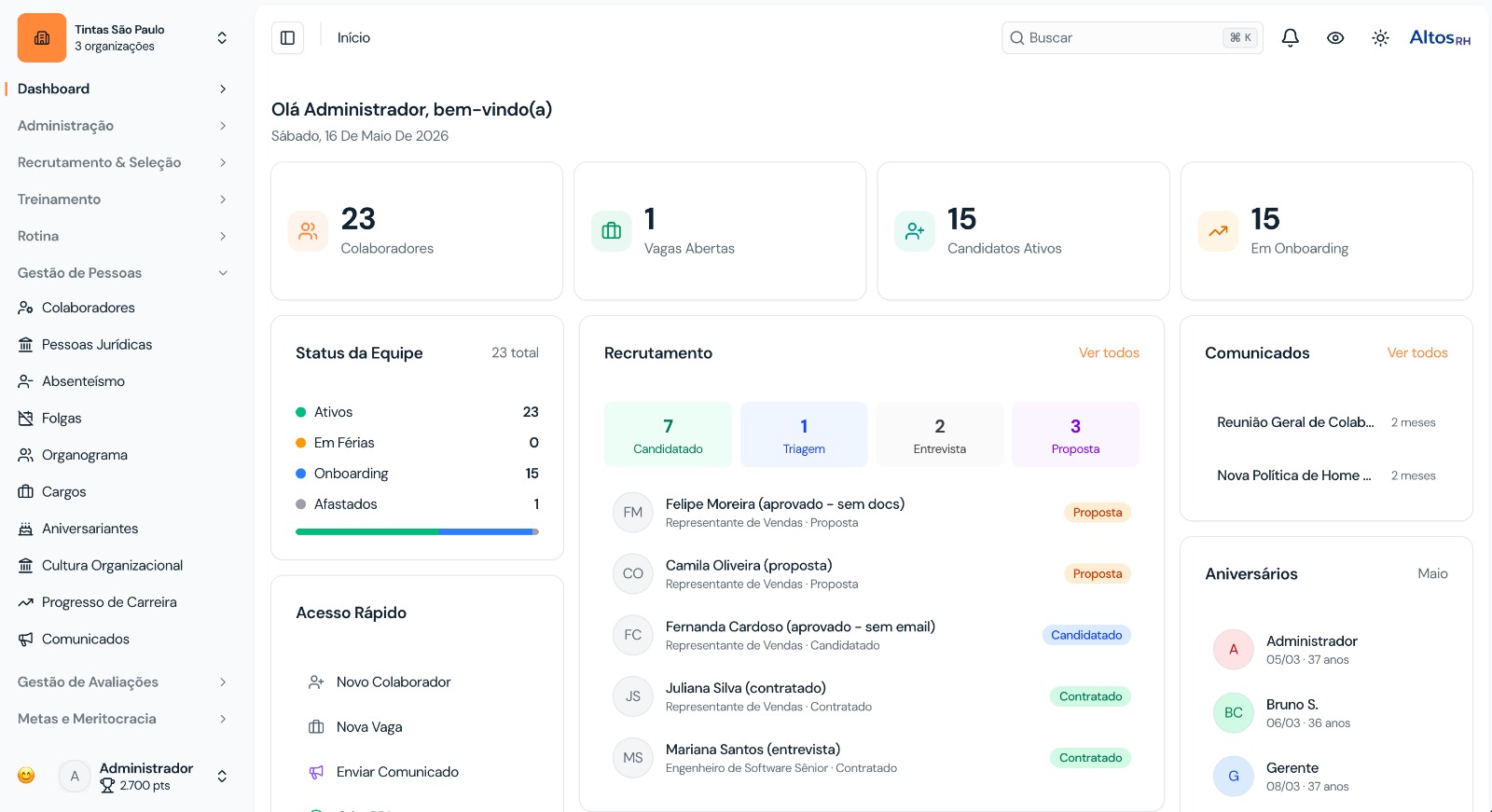 Plataforma de onboarding com IA desenvolvida pela Altos AI - painel de acompanhamento de colaboradores